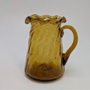 Amber Glass Pitcher Swirled Design Ruffled Rim Vintage